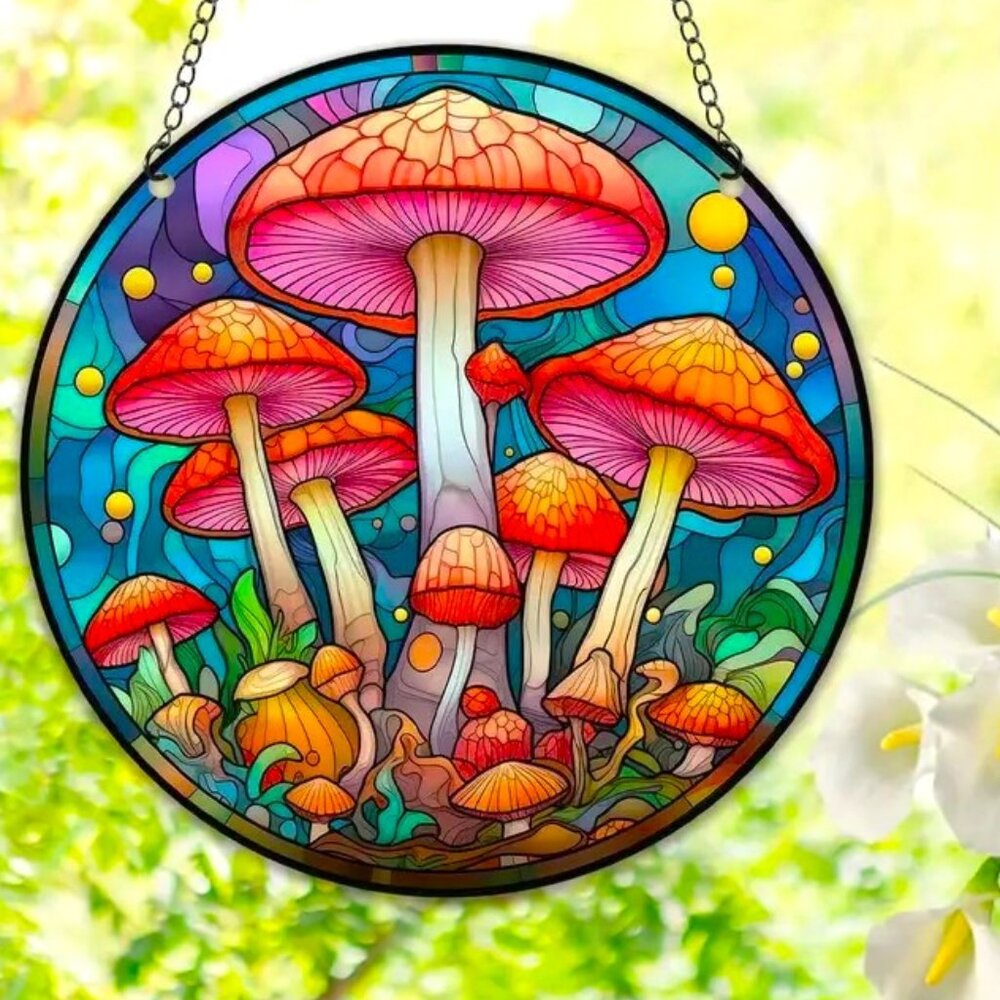 Mushroom Suncatcher Garden Trippy Wonderland Hanging Chain Colorful In/Outdoor - Picture 4 of 4